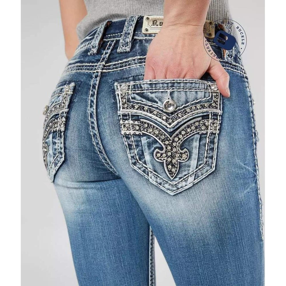Rock Revival Yanka Easy Stretch Crop Jeans Women's 32 Blue Embellished Boho Y2K